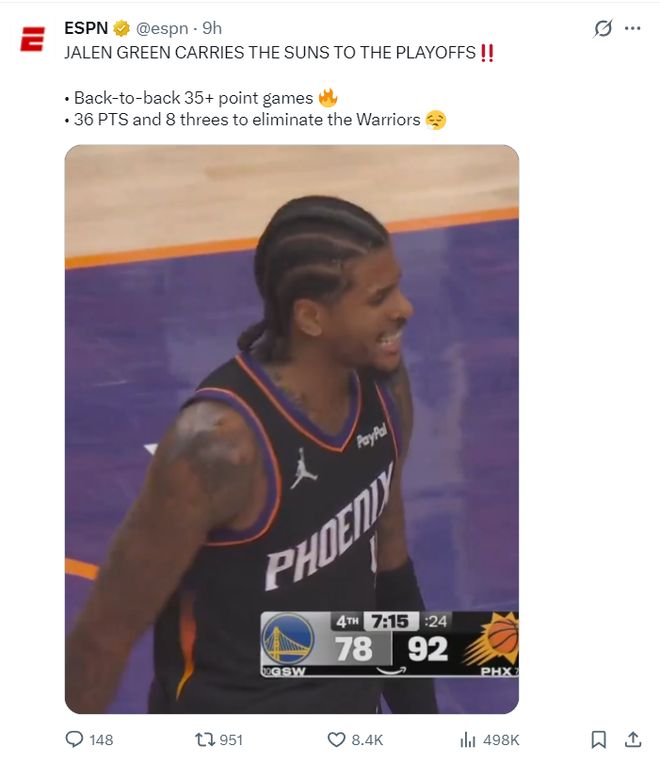 杰伦-格林狂砍36+8三分创纪录 带领太阳晋级季后