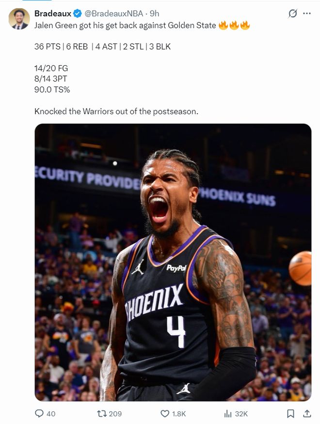 杰伦-格林狂砍36+8三分创纪录 带领太阳晋级季后